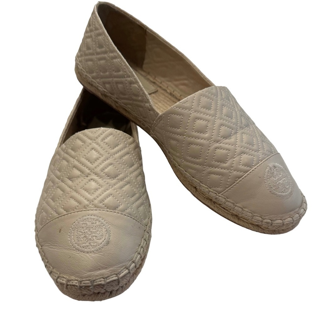 Tory Burch Quilted Nappa Leather Ivory Flats Espadrilles Size 8 EUC